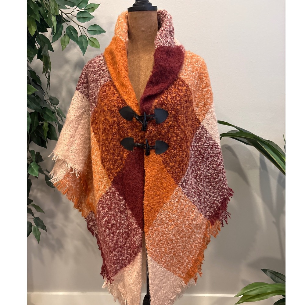 SONOMA Plaid Poncho Scarf Toggle Closure‎ Fringe Orange Rust Wrap Coat